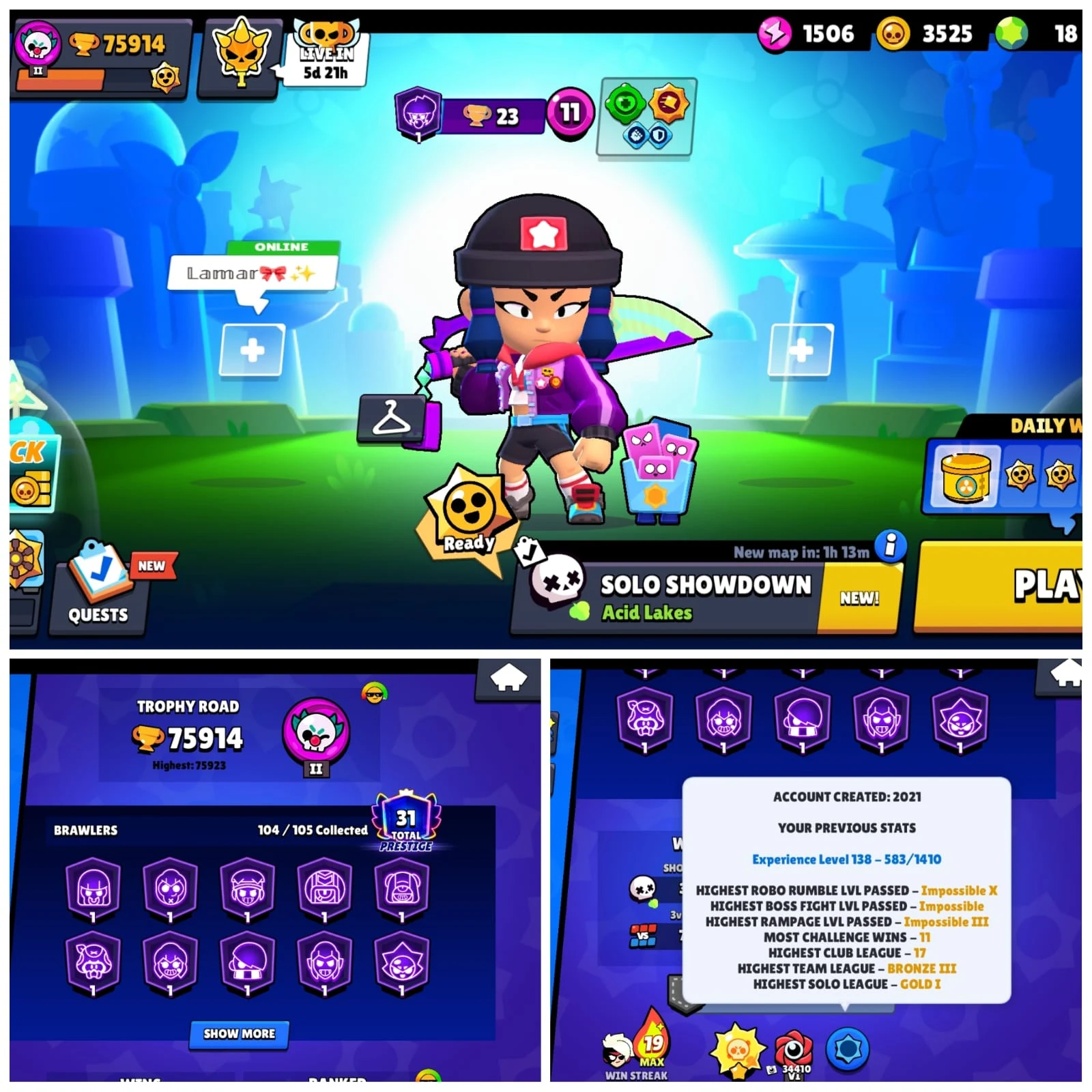 75K TROPHY🏆104 BRAWLERS💥62 MAX♒75 HYPERCHARGE🔥31 PRESTIGE🌟36 BUFFIES💥397 SKINS 💥 INSTANT DELIVERY ✅