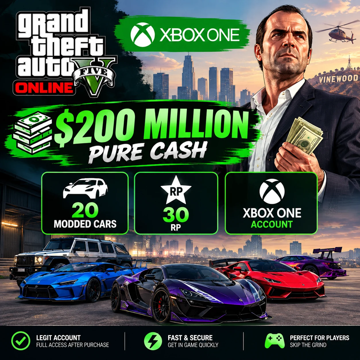 GTA 5 Xbox One Account | $200M Pure Cash | 20 Modded Cars | 30 RP