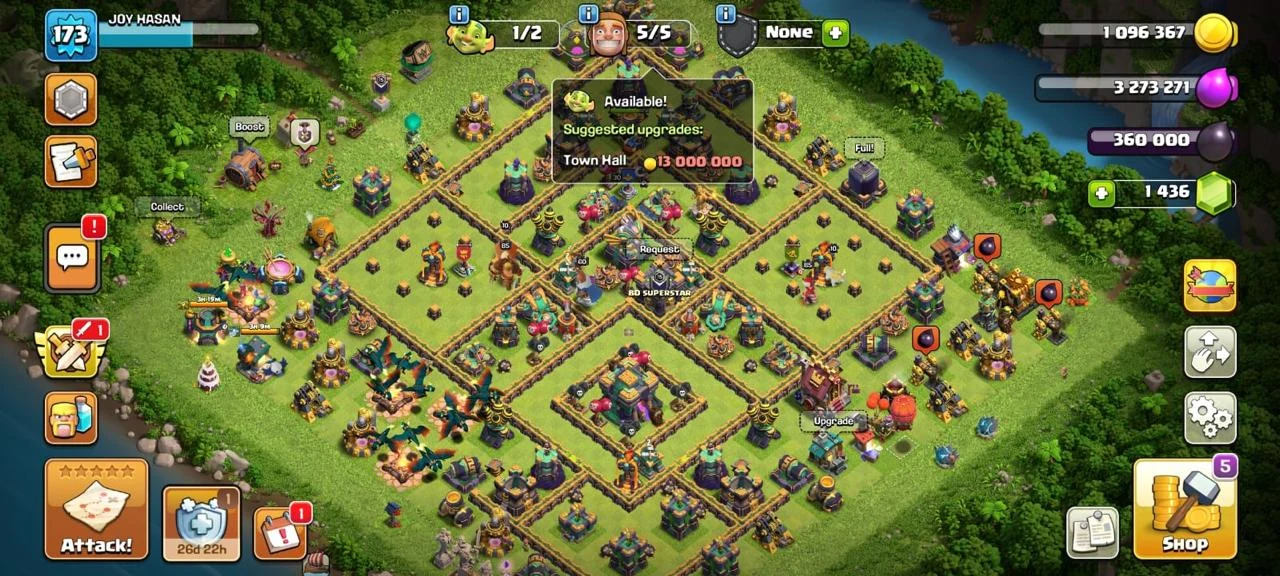 TH14 Max | Level 173 | BK 85 | AQ 85 | GW 60 | RC 30 | MP 60 | Gems 1436 | INSTANT DELIVERY