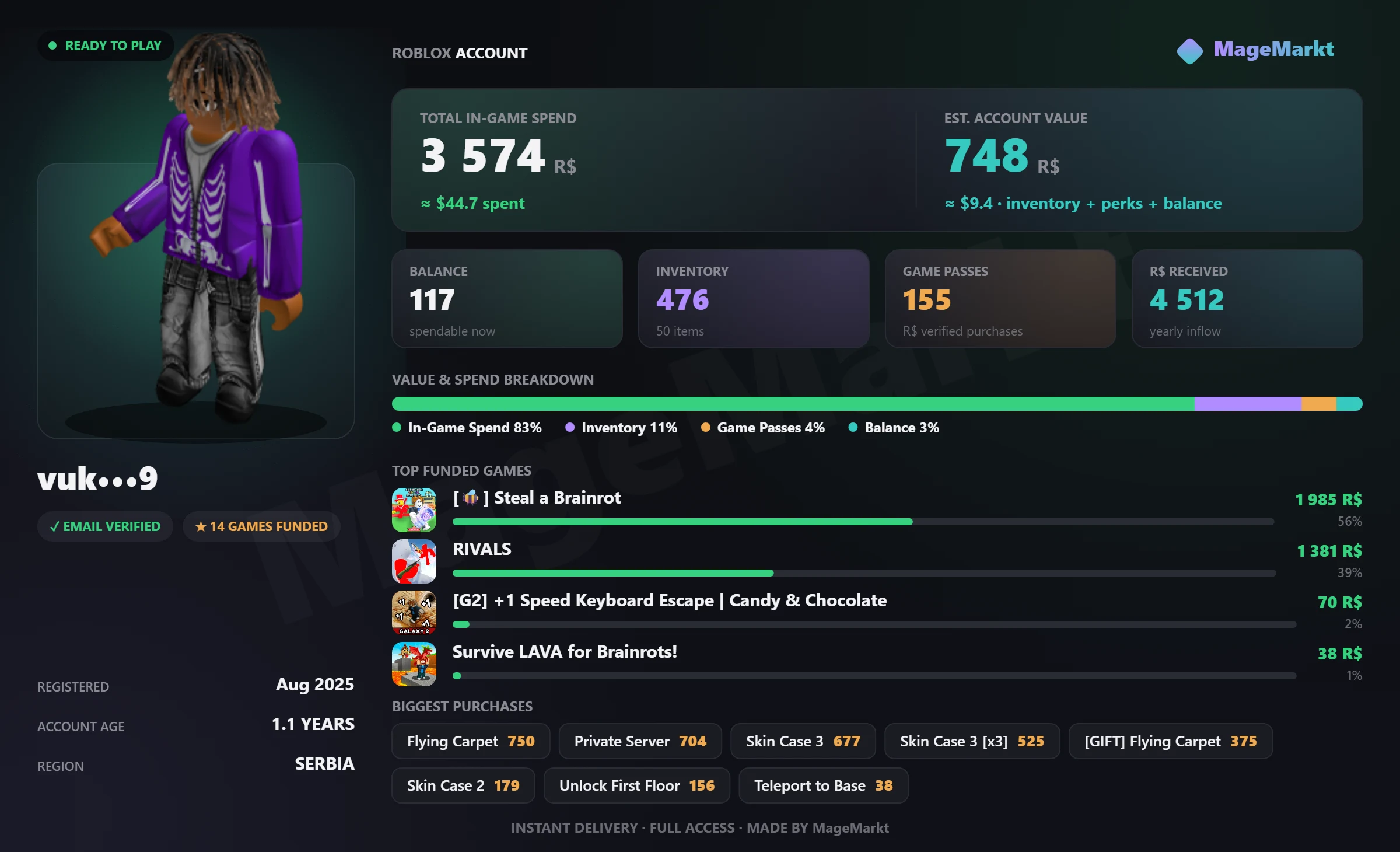 #3952 Rivals❤️504 LVL❤️29 LVL❤️9 Skins Owned❤️Steal a Brainrot❤️Flying Carpet❤️99 Nights In The Forest❤️514 Days Passed❤️300 Diamonds❤️3 Classes Owned