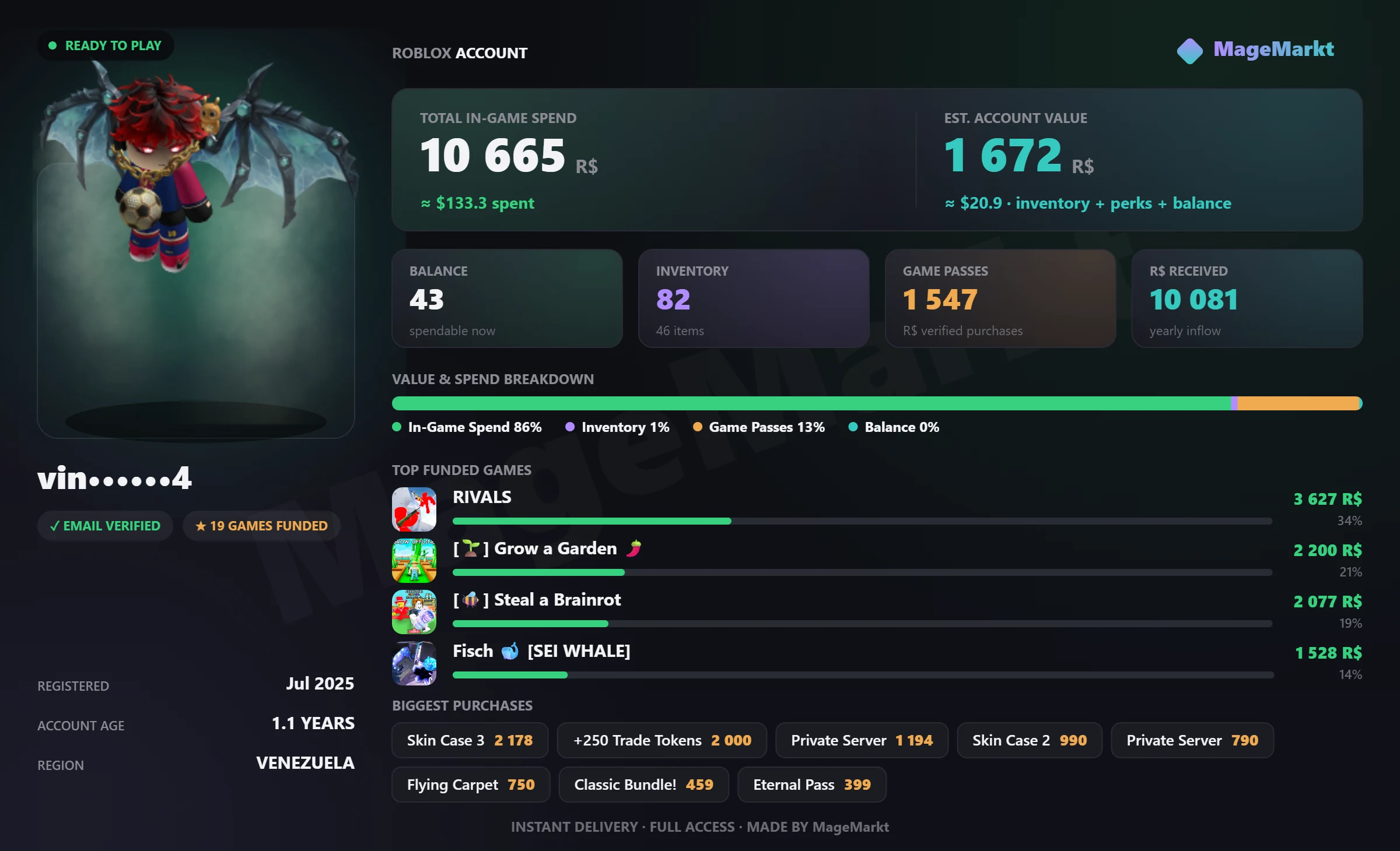 #3781 Rivals❤️35 Skins❤️425 Wins❤️116 LVL❤️Classic Bundle❤️73.5% Win Rate❤️Grow a Garden❤️Brookhaven RP❤️Premium❤️99 Nights In The Forest❤️417 Days❤️Fisch
