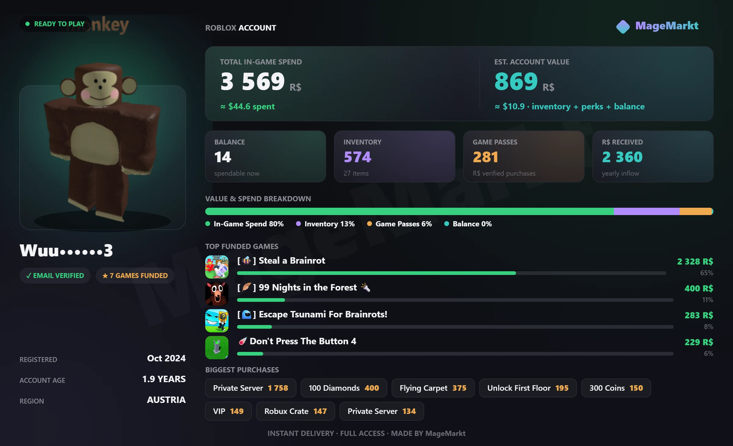 #3949 Steal a Brainrot❤️Halloween Base❤️Transcendent trail❤️620 LVL❤️99 Nights In The Forest❤️341 Days❤️116 Diamonds❤️Escape Tsunami For Brainrots❤️VIP