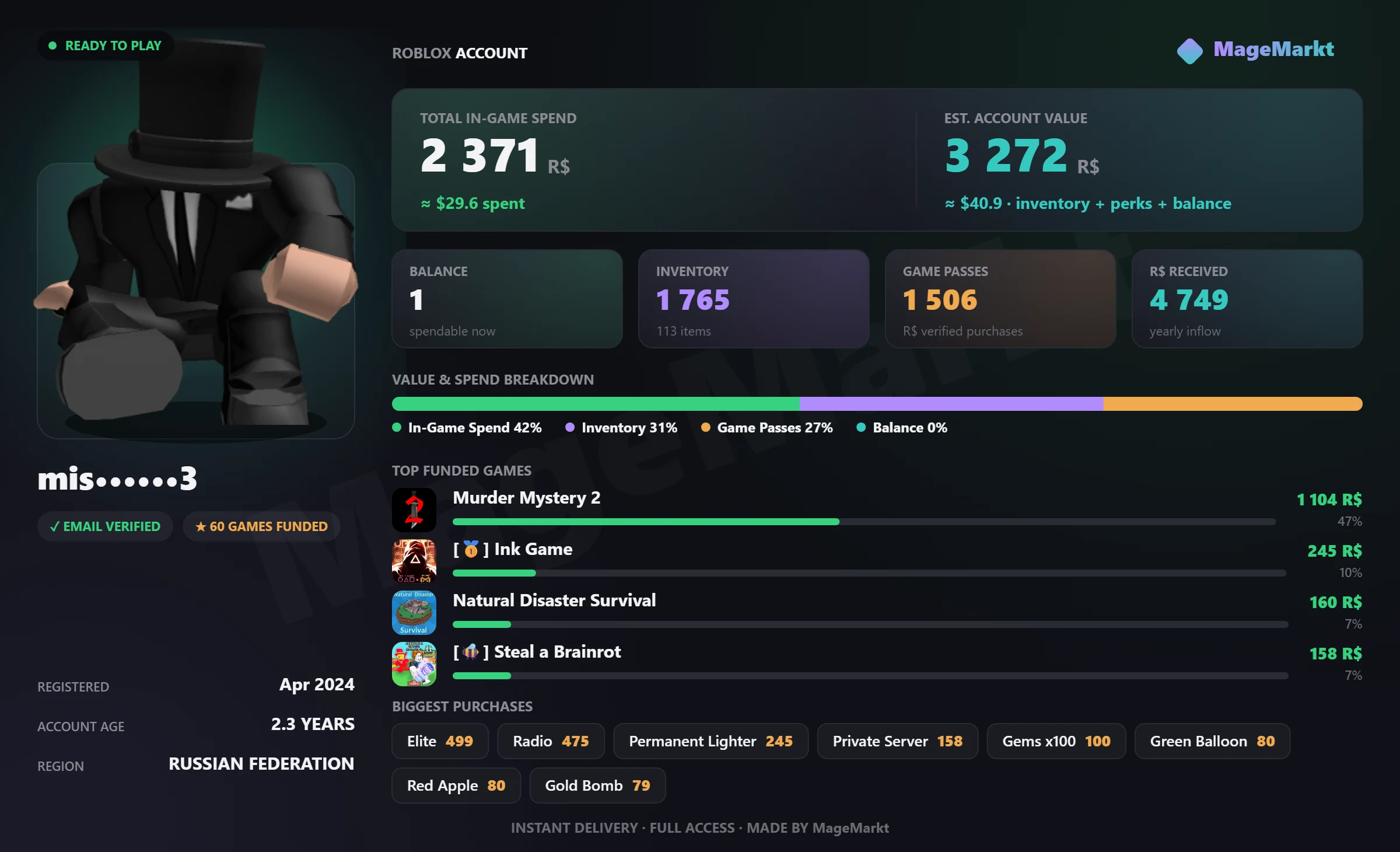 #3990 Murder Mystery 2❤️Elite❤️Radio❤️Rivals❤️75 LVL❤️3 Skins Owned❤️Steal a Brainrot❤️Secret Brainrots❤️12 Rebirth❤️Natural Disaster Survival❤️Green Balloon