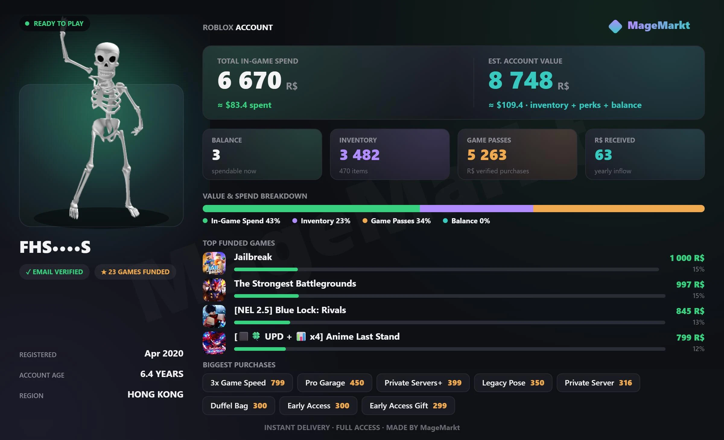 #3768 Jailbreak❤️22 Limited Cars❤️261K Cash❤️Pro Garage❤️Car Stereo❤️Duffel Bag❤️The Strongest Battlegrounds❤️89 Emotes❤️Blox Fruits❤️King Legacy❤️3783 LVL