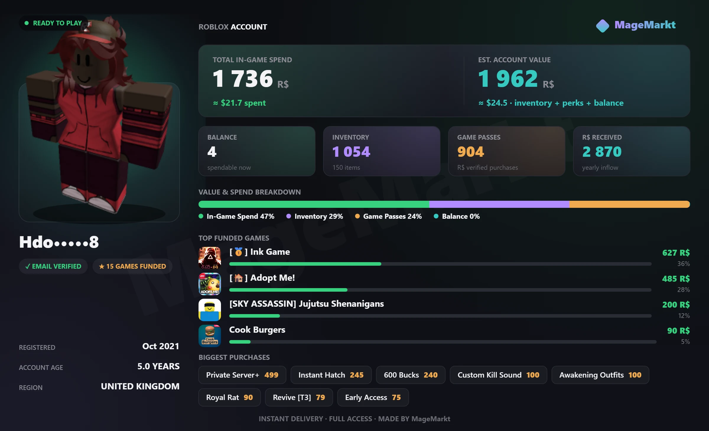 #4782 Adopt Me❤️5K Cash❤️Rivals❤️37 LVL❤️99 Nights In The Forest❤️63 Diamonds❤️1000 One Day❤️Jujutsu Shenanigans❤️DOORS❤️Roblox Purchase Item 100❤️40 Badges listing image