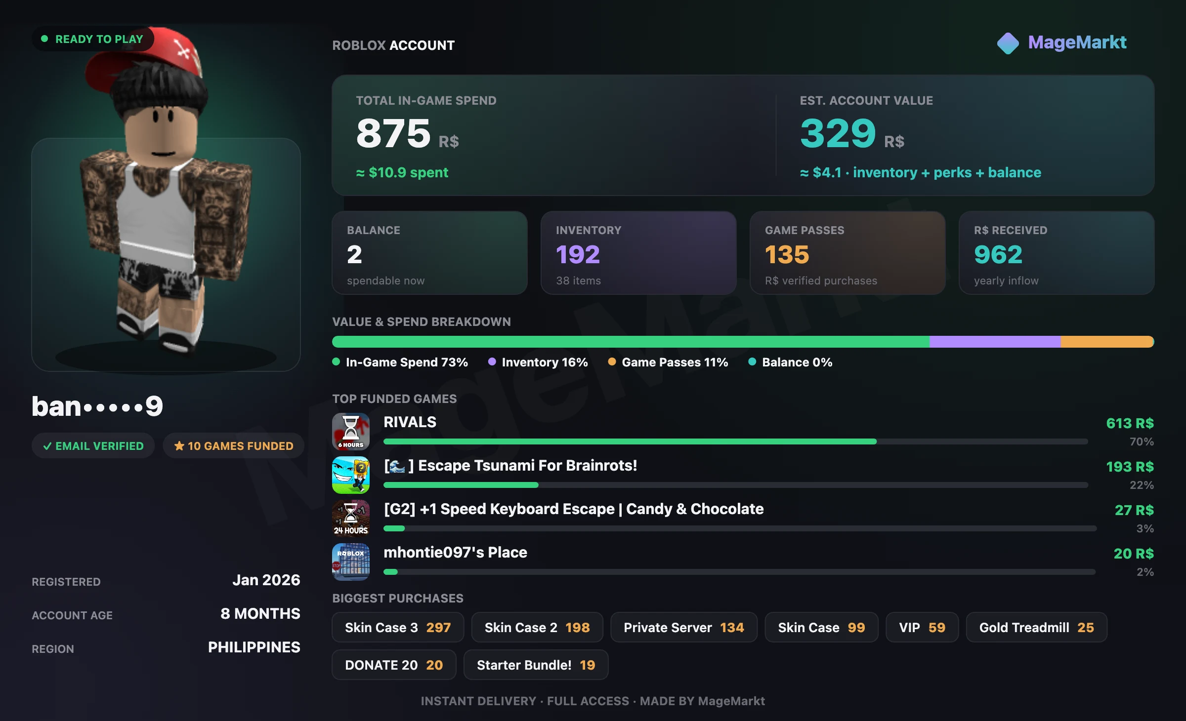 #3862 Rivals❤️500 Wins❤️132 LVL❤️10 Skins Owned❤️Maul❤️Gold 3 Rank❤️Driving Empire❤️10 Cars Owned❤️3,000,000 Cash❤️Escape Gold Treadmill❤️+1 Speed Keyboard