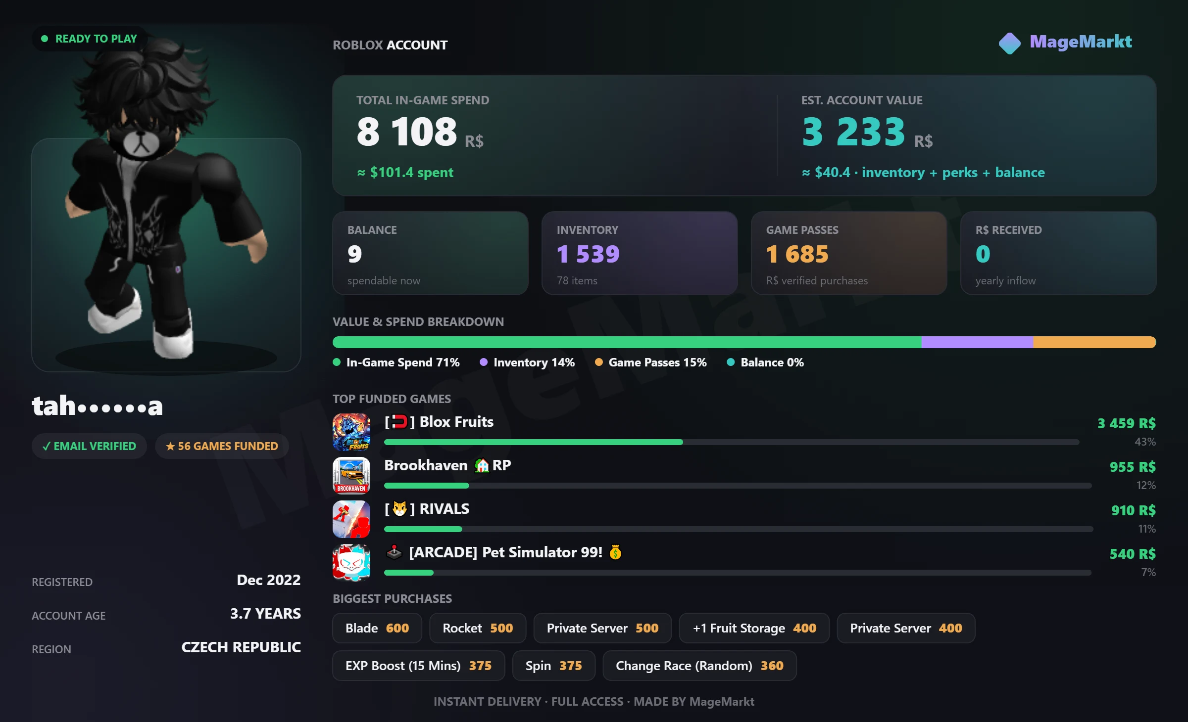 #4788 Blox Fruits❤️2704 LVL❤️Permanent Rocket Blade❤️Brookhaven RP❤️Premium❤️The Strongest Battlegrounds❤️Early Access❤️Grow a Garden❤️Bone Blossom❤️Pets RNG listing image