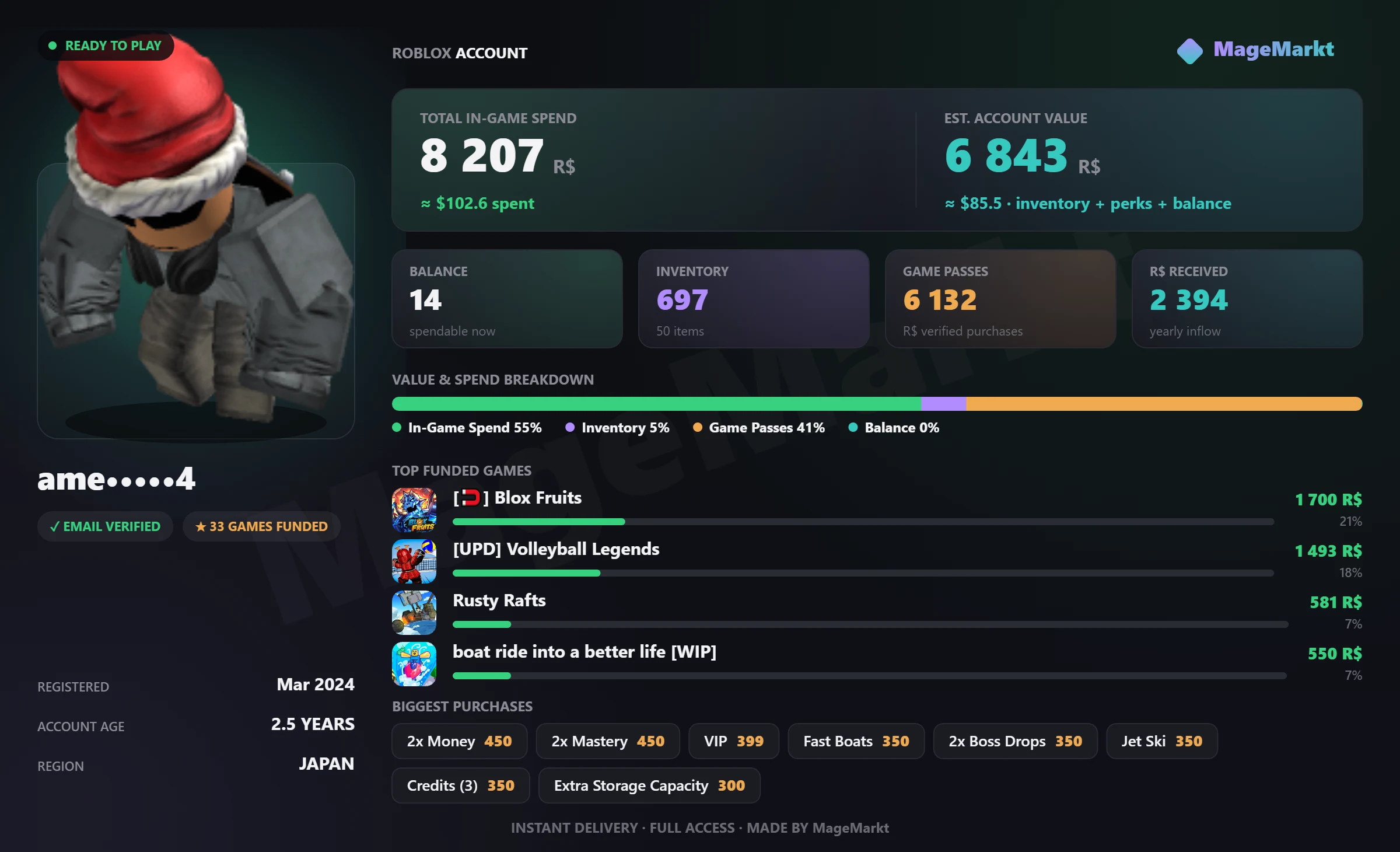 #4787 Blox Fruits❤️2x Mastery❤️2x Money❤️Fast Boats❤️2x Boost Drops❤️Volleyball Legends❤️150 LVL❤️Toilet Tower Defense❤️VIP❤️99 Nights In The Forest❤️1274 Days listing image