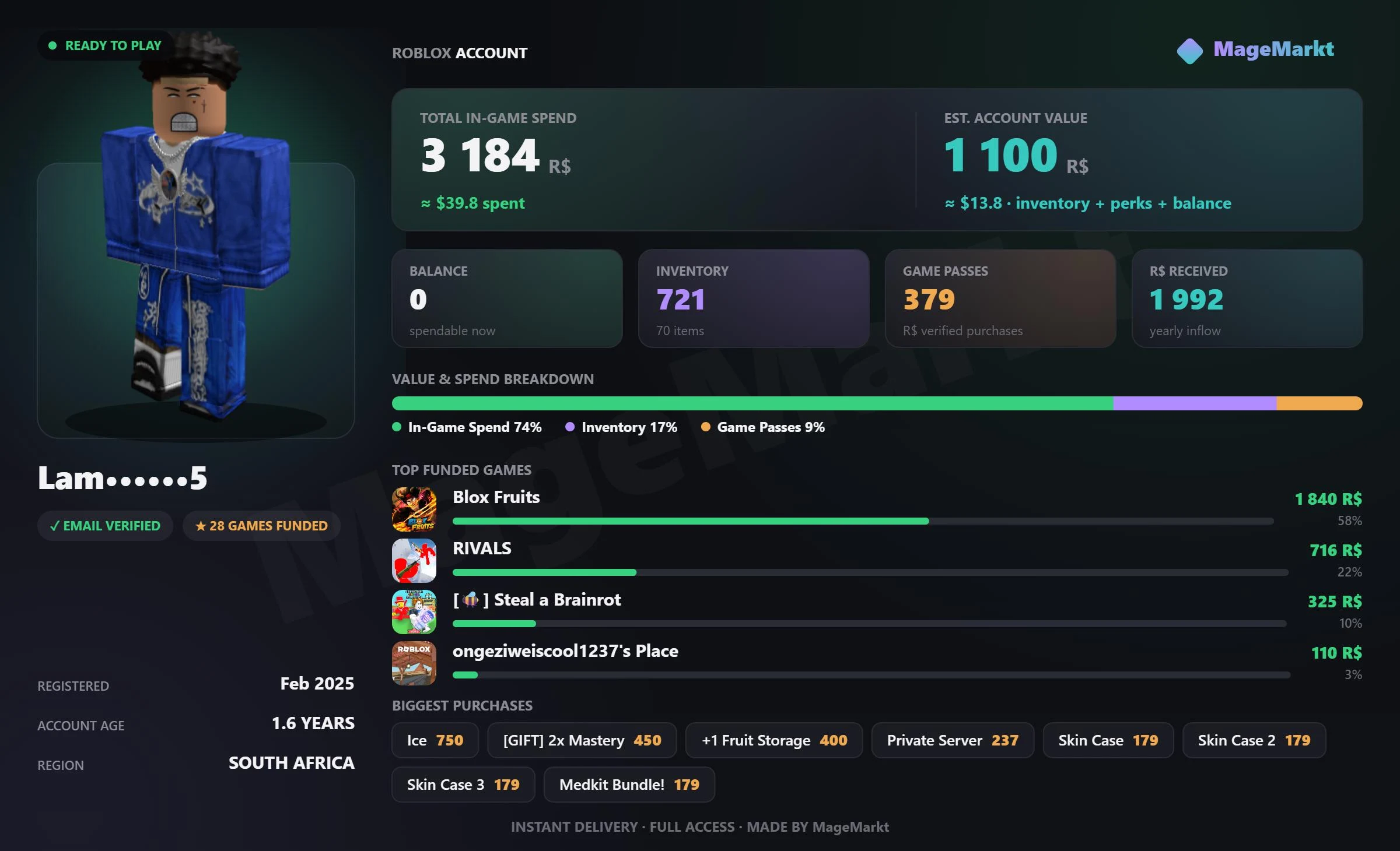 #3776 Blox Fruits❤️2800 LVL❤️Rivals❤️448 Wins❤️112 LVL❤️Medkit Bundle❤️Six Skins❤️59.3% Winrate❤️Steal a Brainrot❤️Valentine Base