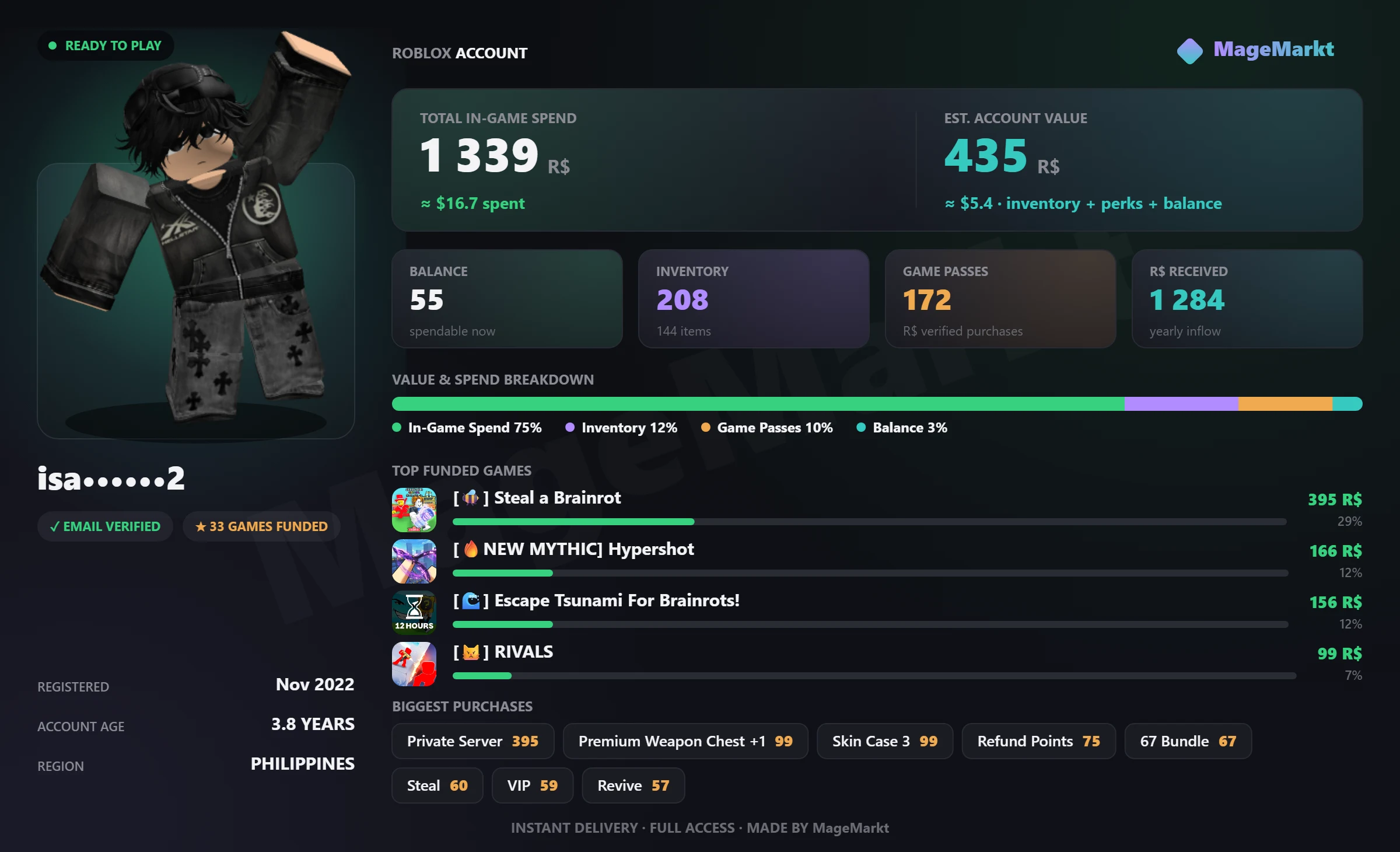 #4026 Rivals❤️133 Wins❤️87 LVL❤️Four Skins❤️Candy Cane❤️Blox Fruits❤️2627 LVL❤️Permanent Rocket❤️Steal a Brainrot❤️Hypershot❤️1349 Net Worth