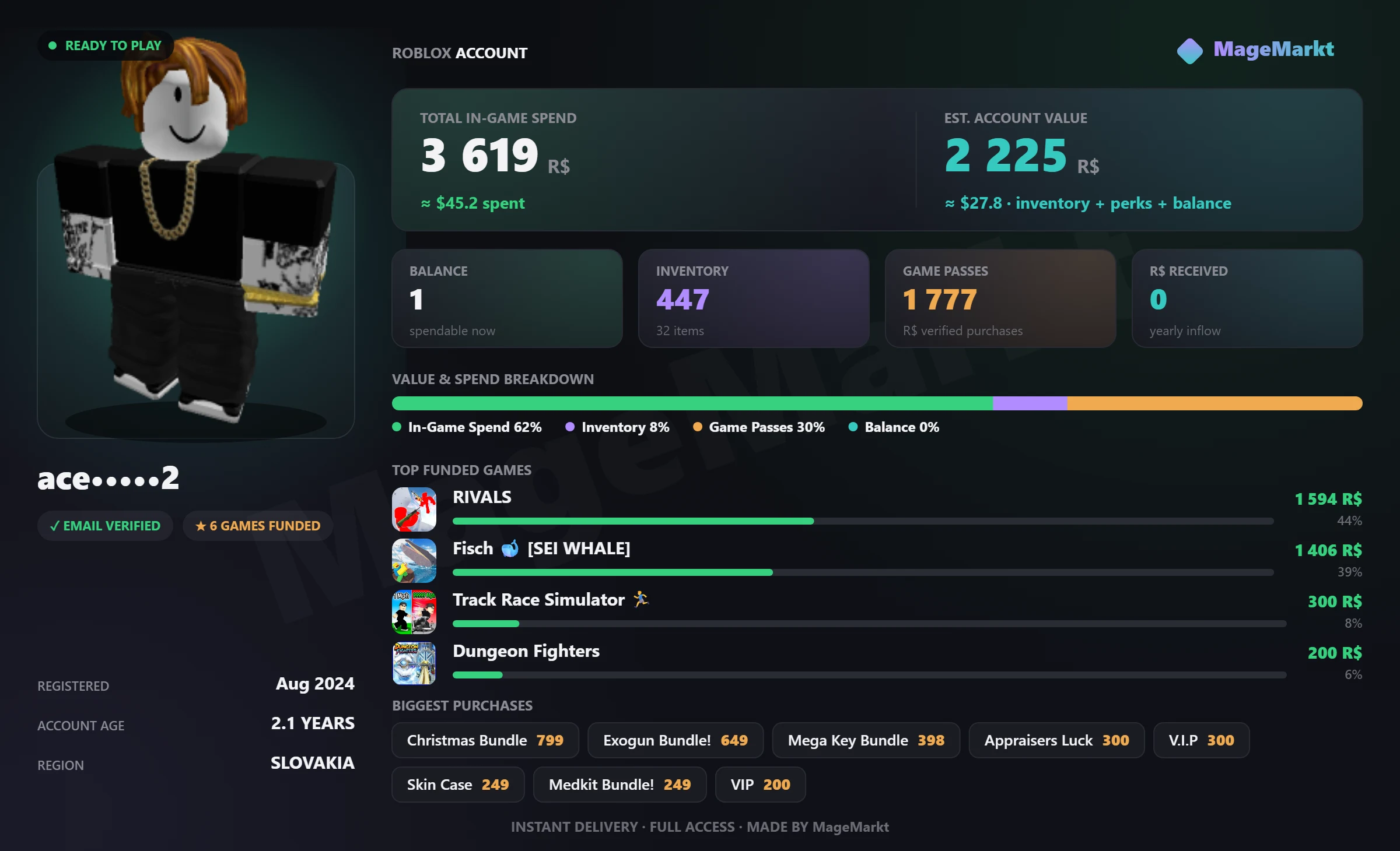 #3948 Rivals❤️44 LVL❤️Medkit Bundle❤️4 Skins❤️Exogan Bundle❤️Fisch❤️294 LVL❤️Christmas Bundle