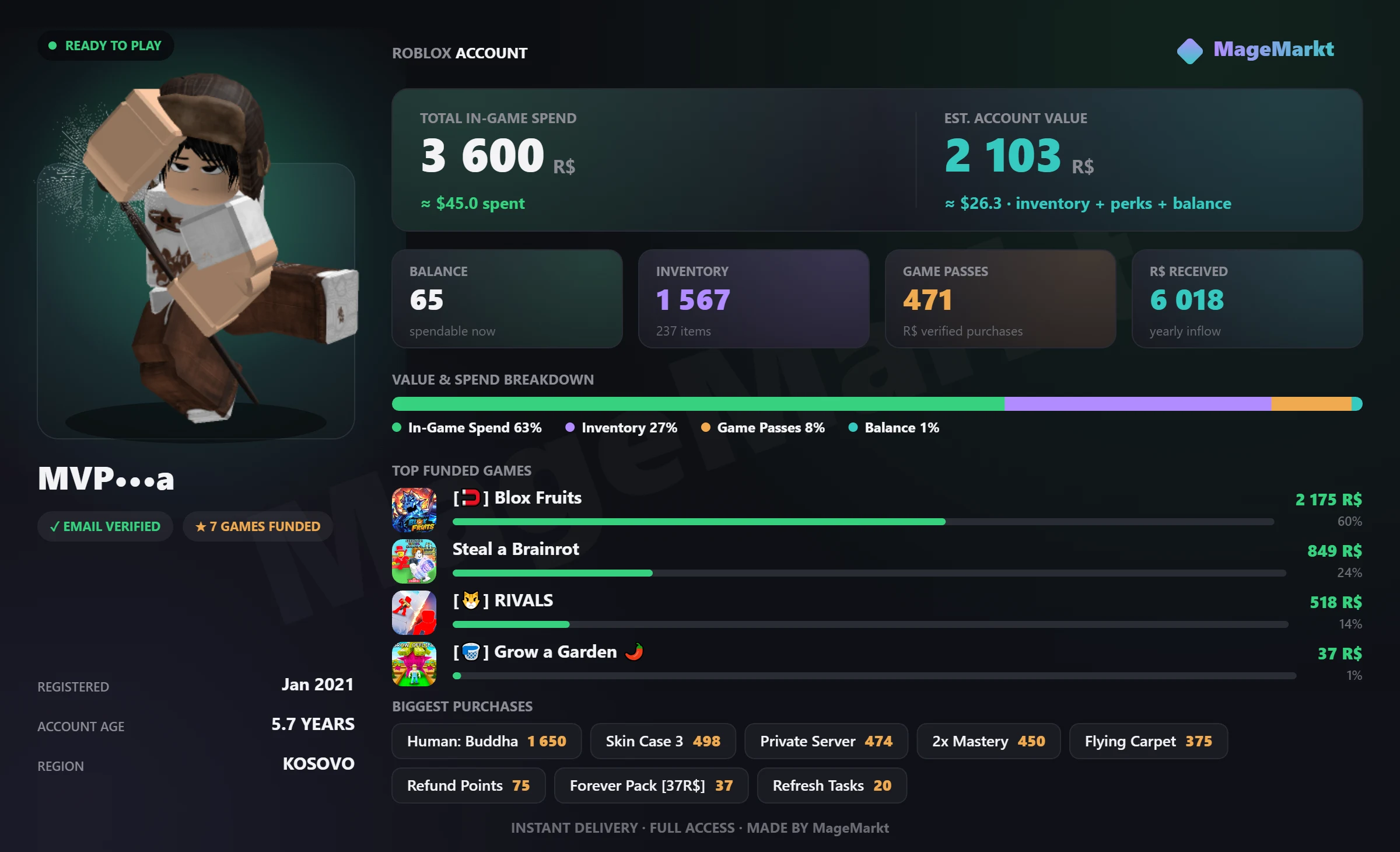#4794 Blox Fruits❤️2820 LVL❤️Permanent Rocket Buddha❤️Double Mastery❤️Rivals❤️4 Skins❤️79 LVL❤️Steal a Brainrot❤️Flying Carpet❤️Pet Simulator 99 listing image