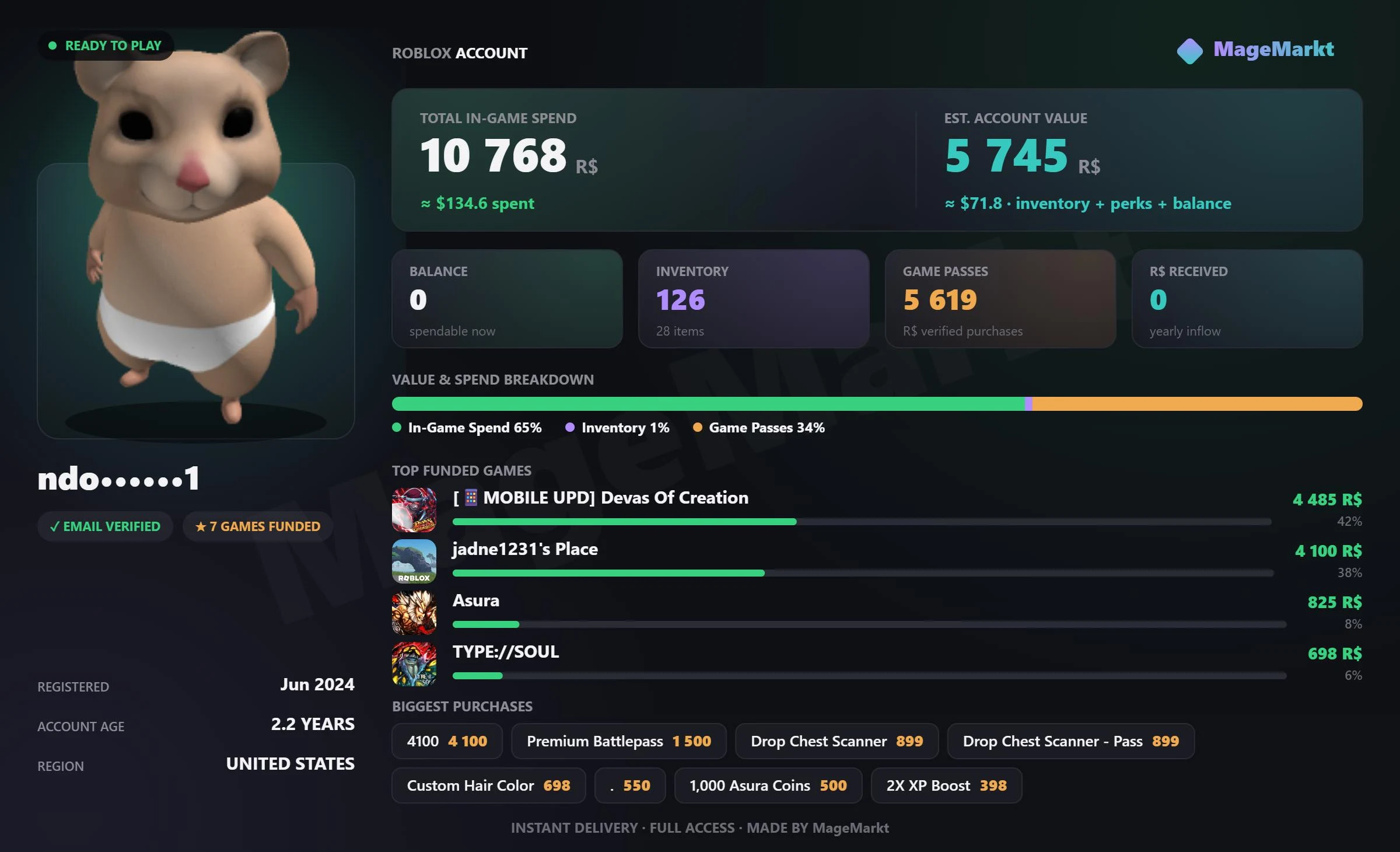 #3767 Murder Mystery 2❤️Devas Of Creation❤️Premium Battle❤️Collect All Drop❤️Drop Chest Scanner❤️Type Soul❤️46 LVL