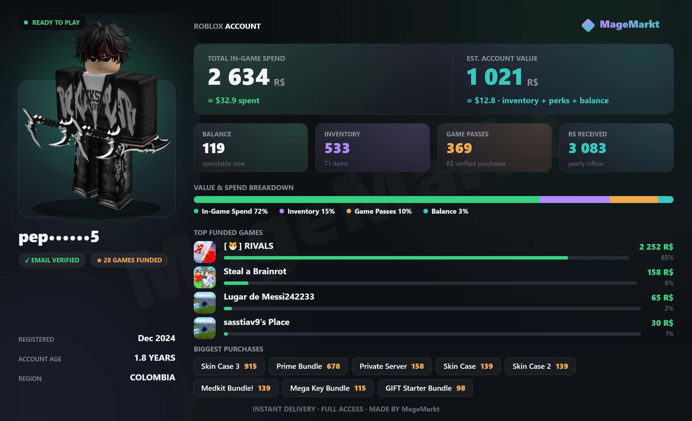 #4799 Rivals❤️241 LVL❤️21 Skins Owned❤️Medkit Bundle❤️Prime Bundle❤️Starter Bundle❤️Steal a Brainrot❤️14 Rebirths❤️Grow a Garden❤️Bone Blossom Tree listing image