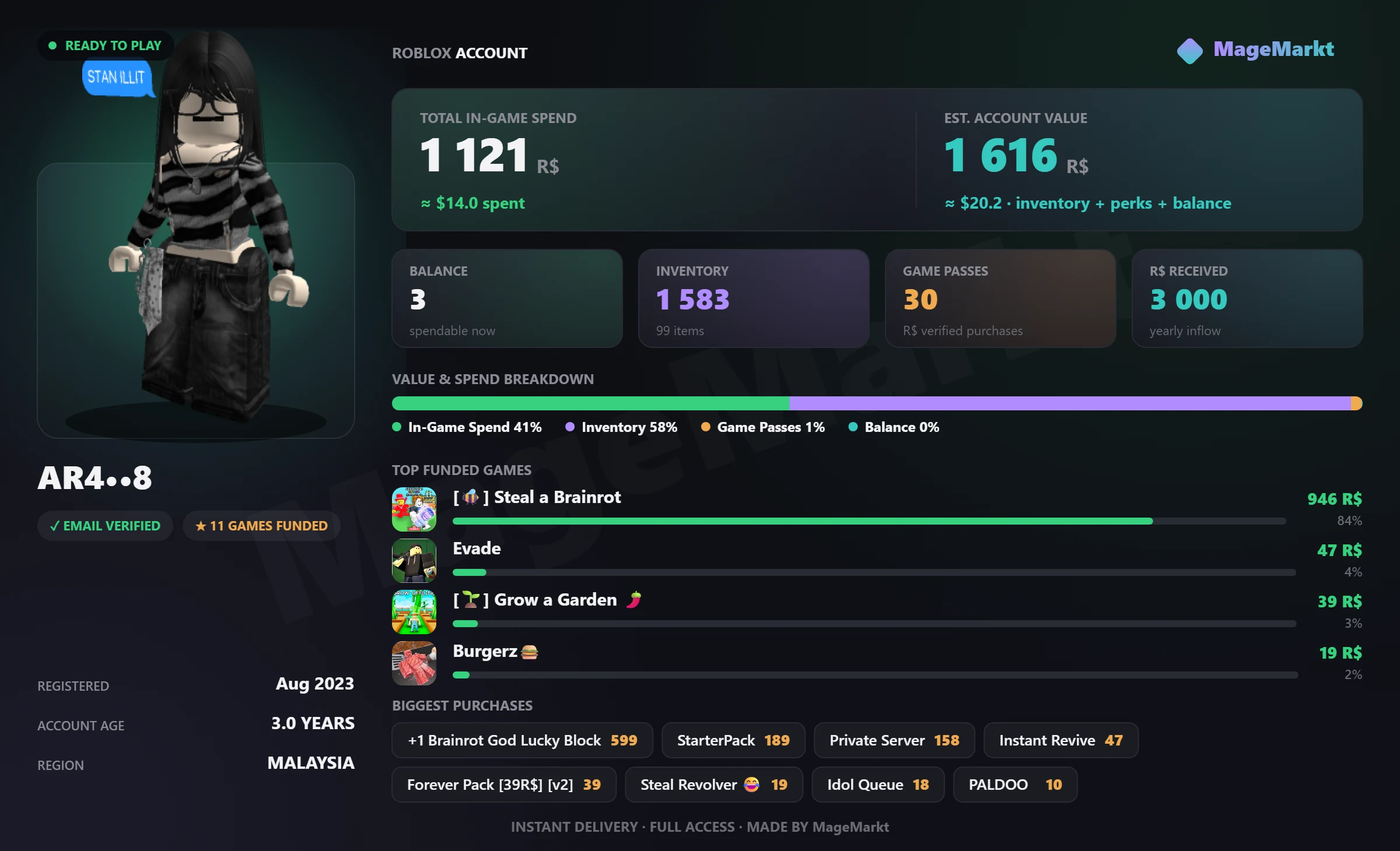 #3897 Steal a Brainrot❤️9 Rebirths❤️Evade❤️21 Offsale Roblox Items❤️43 LVL❤️11K Cash❤️Cola Barrier