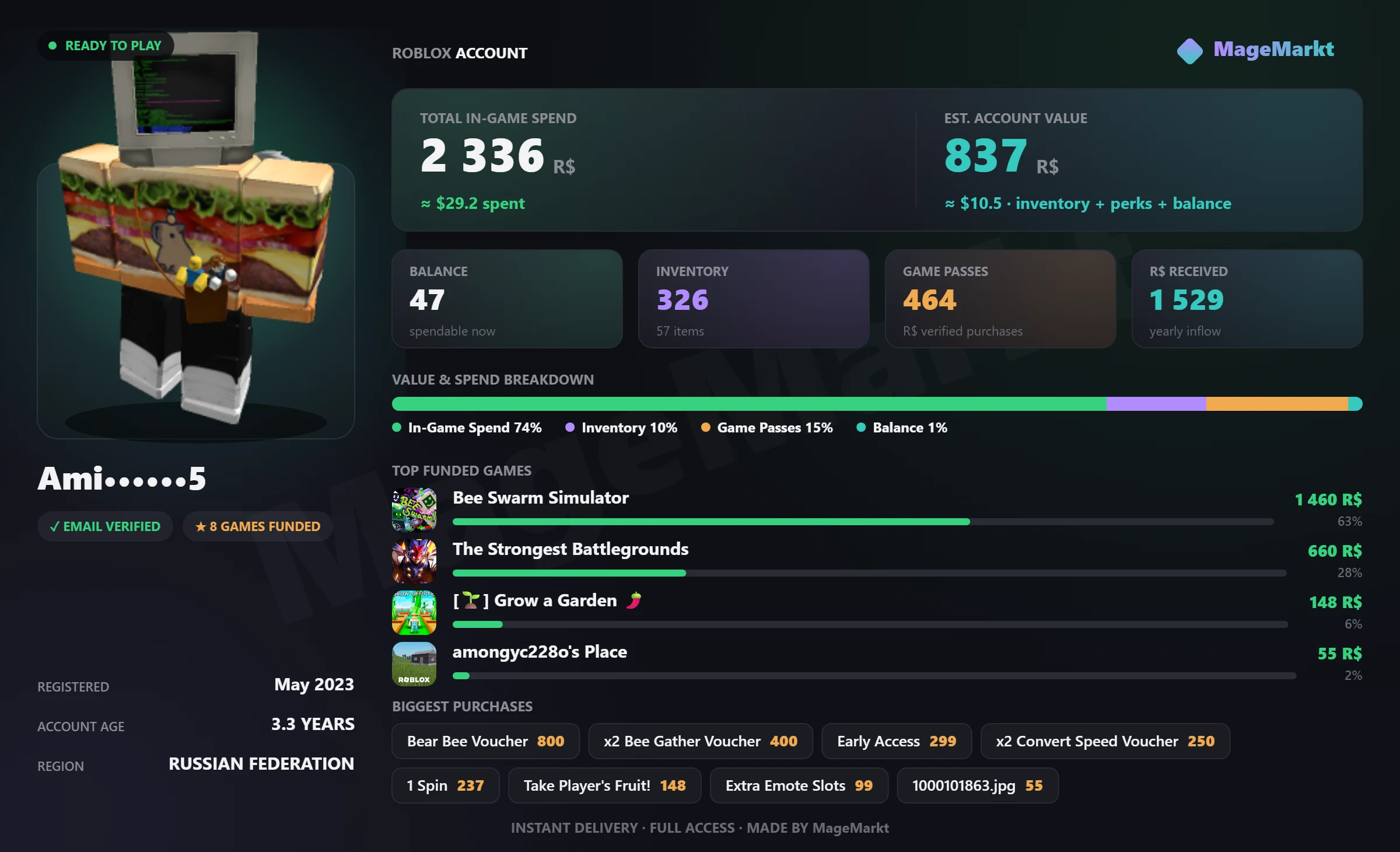 #3987 The Strongest Battlegrounds❤️Early Access❤️132 Emotes❤️Blox Fruits❤️2800 LVL❤️Permanent Rocket❤️99 Nights In The Forest❤️780 Days❤️46 Diamonds