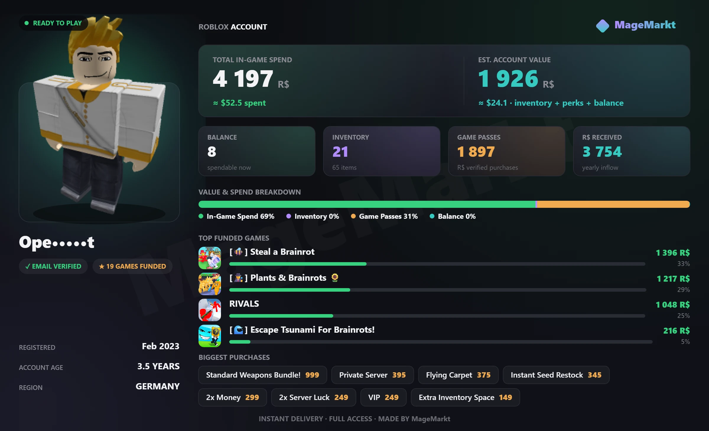 #3792 Rivals❤️46 LVL❤️Starter Bundle❤️Standard Weapons Bundle❤️Steal a Brainrot❤️Flying Carpet❤️Extra Inventory Space❤️Escape Tsunami For Brainrots❤️VIP