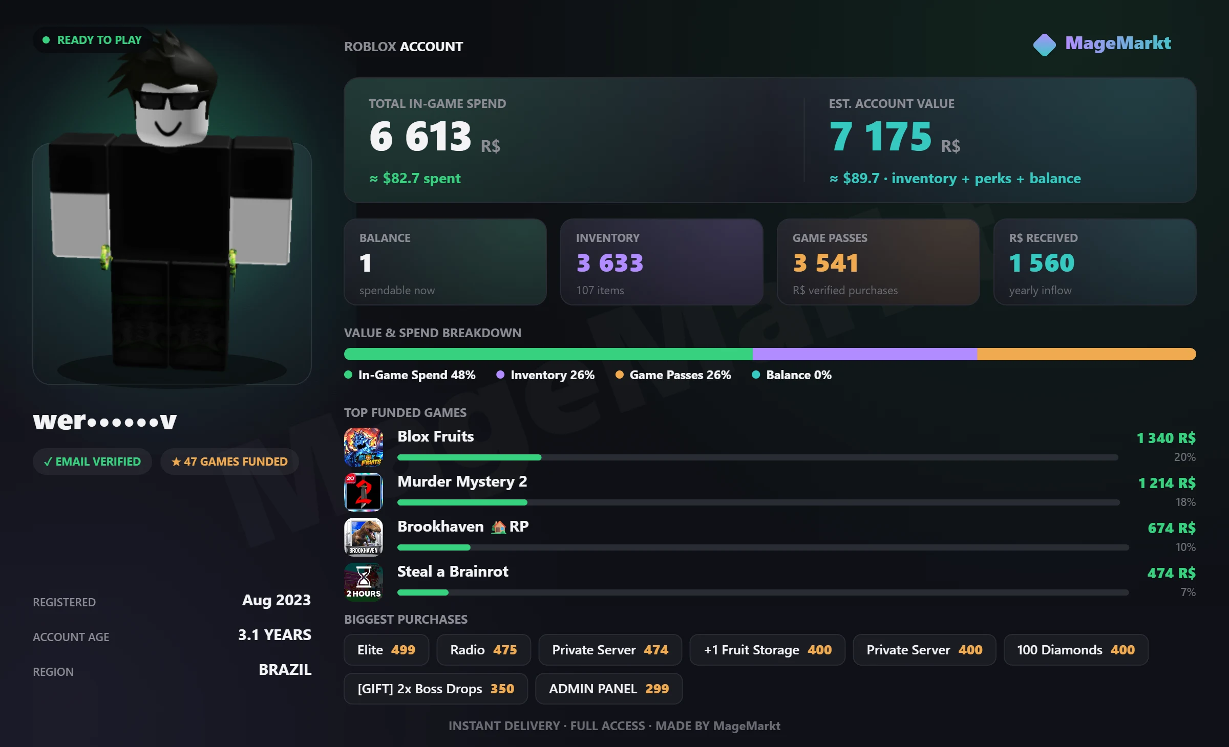 #4826 Brookhaven RP❤️Premium❤️Rivals❤️77 LVL❤️Medkit Bundle❤️2 Skins Owned❤️Starter Bundle❤️Blox Fruits❤️Murder Mystery 2❤️Steal a Brainrot❤️CDK❤️2564 LVL listing image