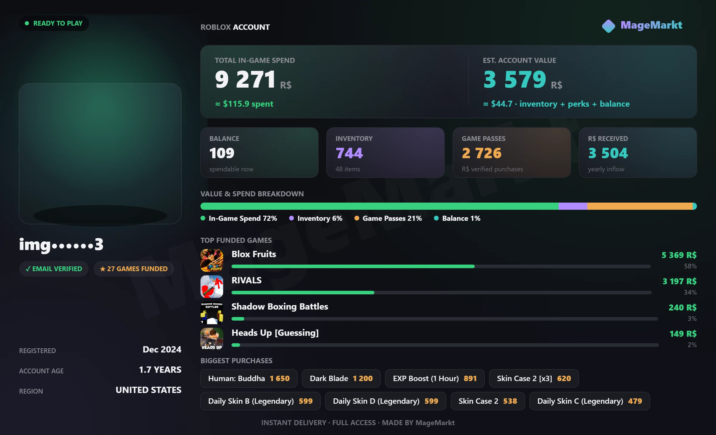 #4045 Rivals❤️2126 LVL❤️Dark Blade❤️Double Money❤️Double Mastery❤️Double Boss Drops❤️Permanent Blade❤️Balisong❤️132 LVL❤️503 Wins❤️62.7% Winrate❤️15 Skins