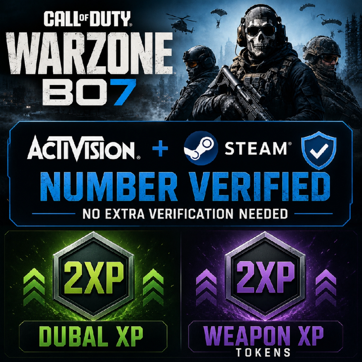 Activision + Steam Phone Verified Weapon XP and Double tokens Bo7 Warzone Fresh Account 0 Hours Played | Full access Fas